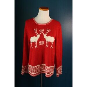 Vintage Christopher & Banks Sweater Red Fuzzy Reindeer Fair Isle Christmas Cabin